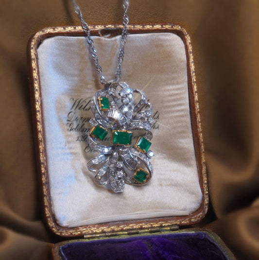 Vintage Victorian Style Moissanite & Green Emerald Pendant Necklace/ Historical Replica