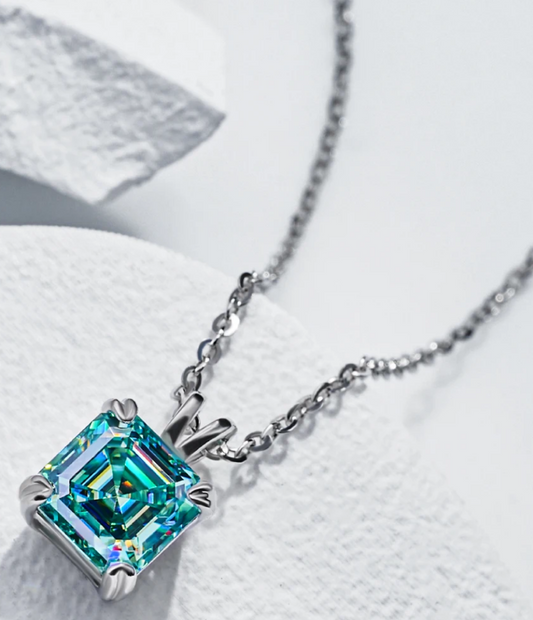 Certified Art Deco 2CT Asscher Cut Capri Cyan Blue Moissanite Pendant Necklace